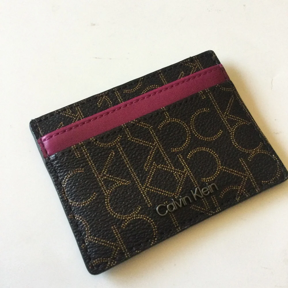 CALVIN KLEIN PIN DOT LOGO CARD CASE BROWN AND SALSA NWOT